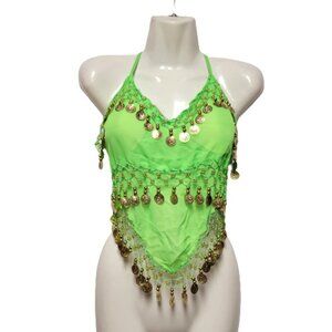 Green Belly Dancing Top Crocheted with Gold Beads Coins Halter Crop Top
